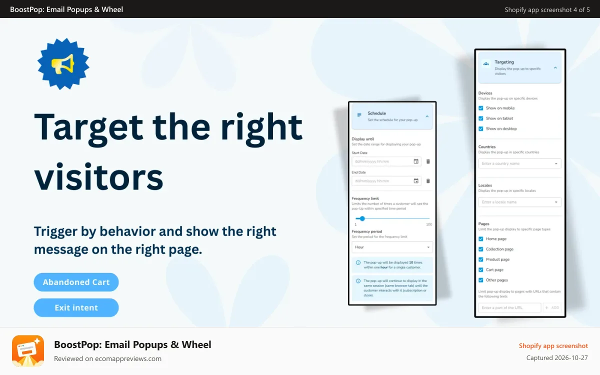 BoostPop: Email Popups & Wheel Shopify app screenshot: Target visitors with triggers, schedules, devices, pages