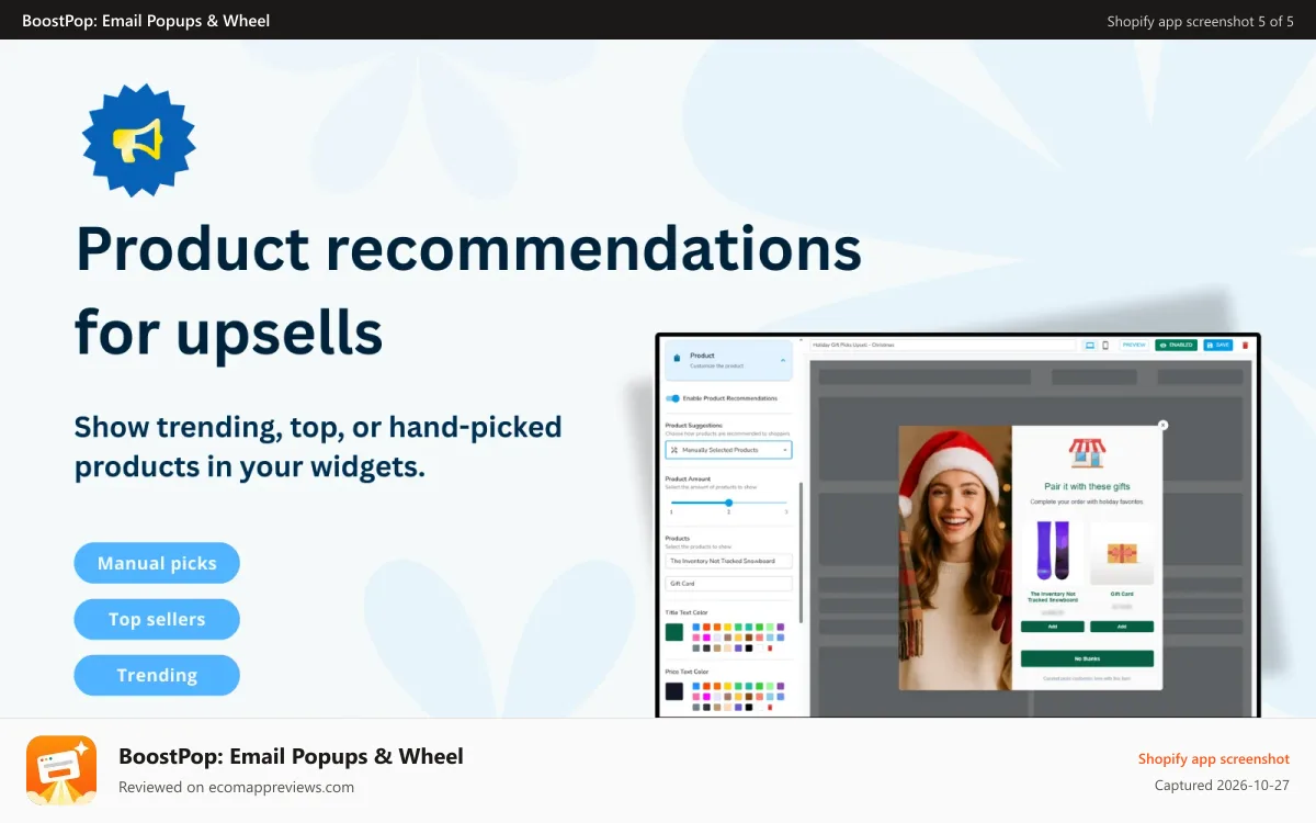 BoostPop: Email Popups & Wheel Shopify app screenshot: Upsell with trending, top, or hand-picked products