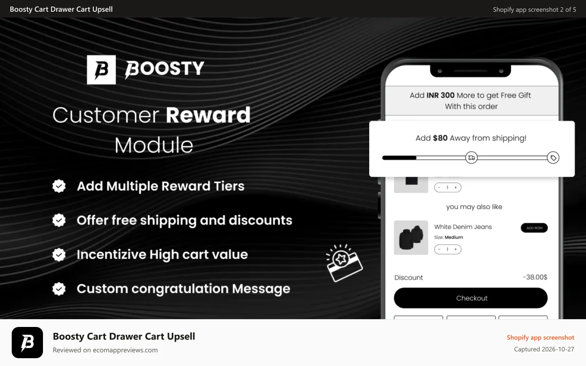 Boosty Cart Drawer Cart Upsell Shopify app screenshot: Boosty Cart Drawer Cart Upsell