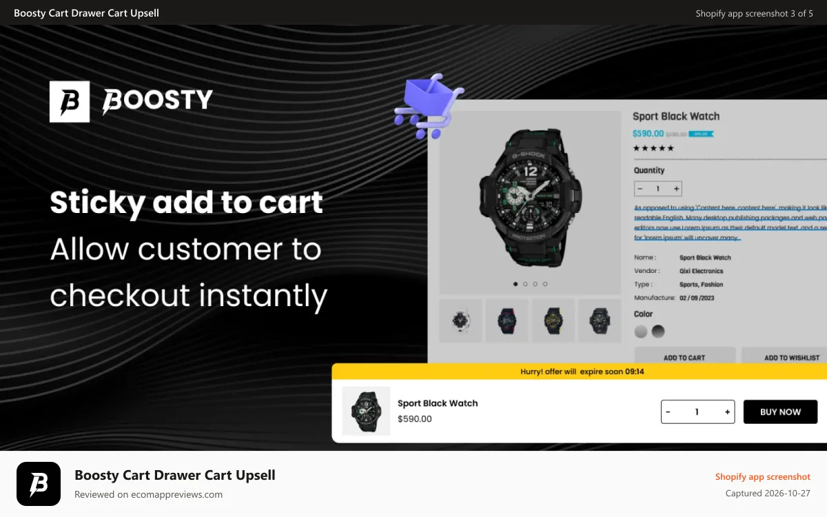 Boosty Cart Drawer Cart Upsell Shopify app screenshot: Boosty Cart Drawer Cart Upsell
