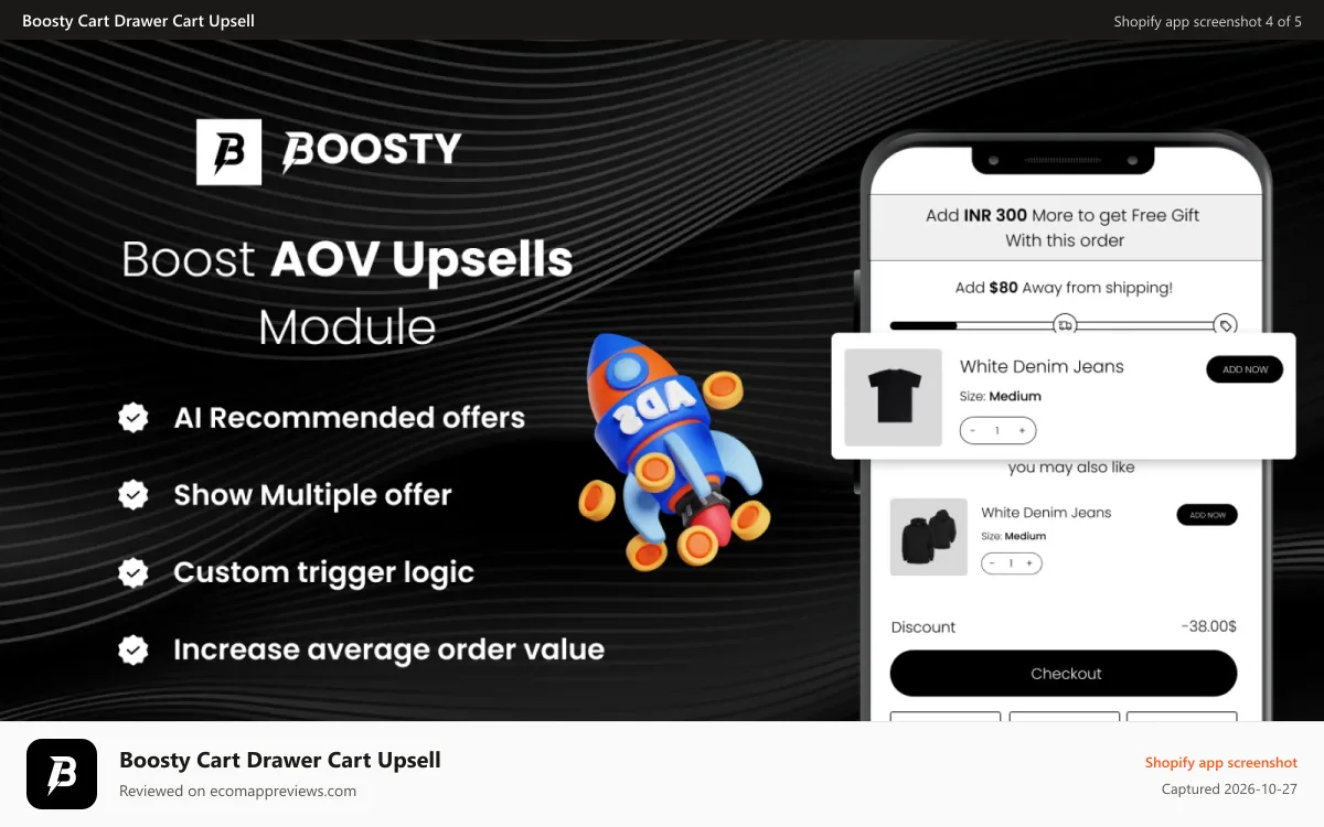 Boosty Cart Drawer Cart Upsell Shopify app screenshot: Boosty Cart Drawer Cart Upsell