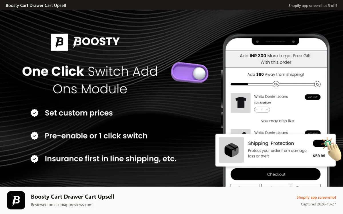 Boosty Cart Drawer Cart Upsell Shopify app screenshot: Boosty Cart Drawer Cart Upsell
