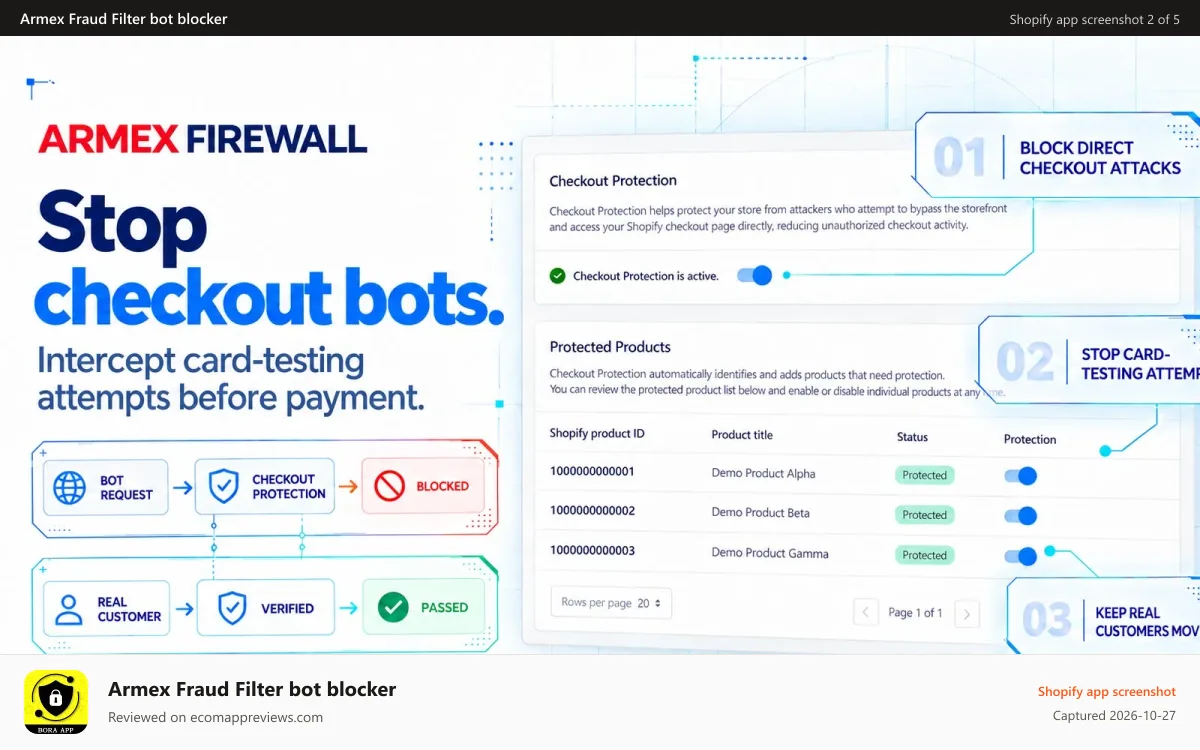 Armex Fraud Filter bot blocker Shopify app screenshot: Bot Blocking Before They Reach You
