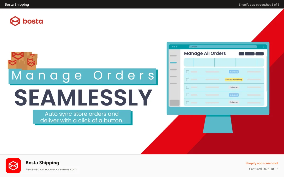 Bosta Shipping Shopify app screenshot: Manage Orders Seamlessly