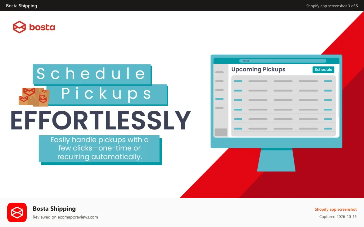 Bosta Shipping Shopify app screenshot: Schedule Pickups Effortlessly