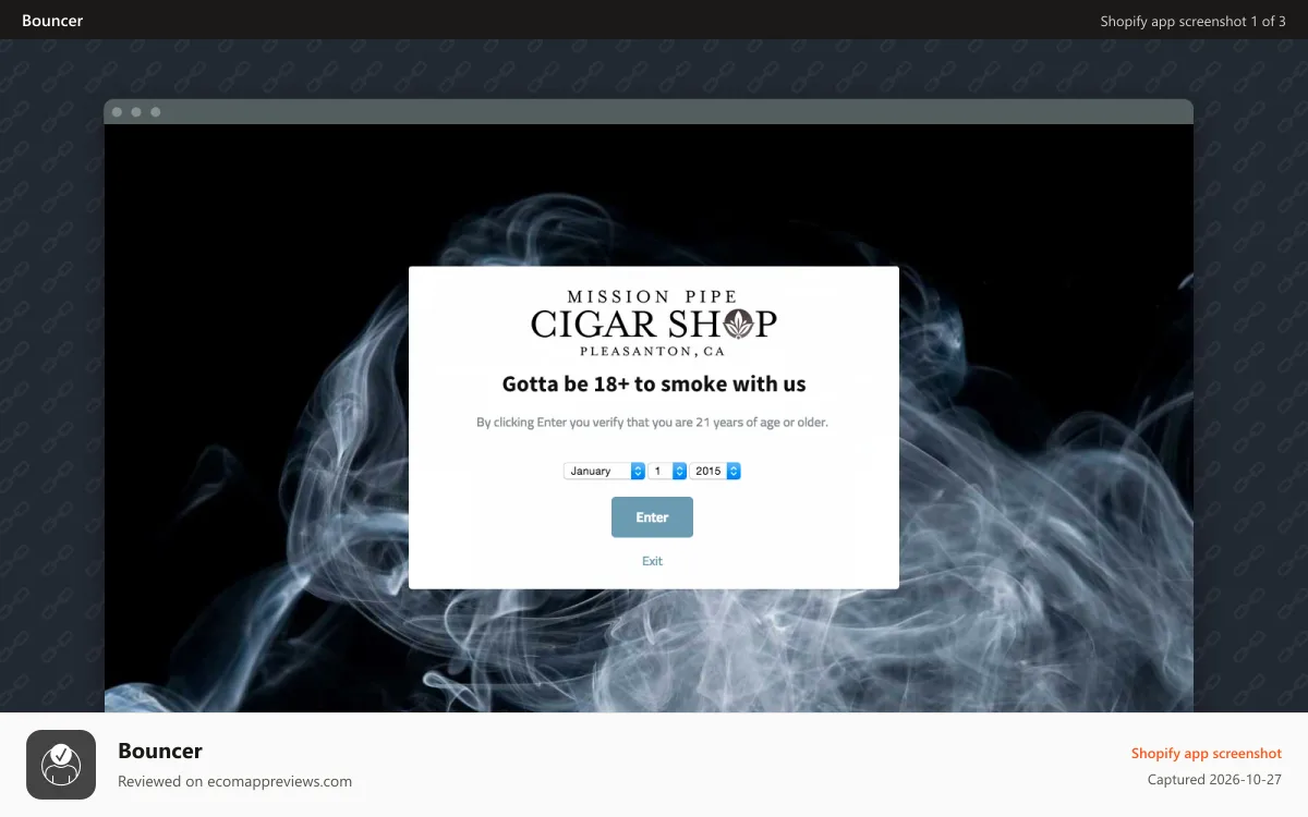 Bouncer Shopify app screenshot: Verify a shopper's age before they see your store