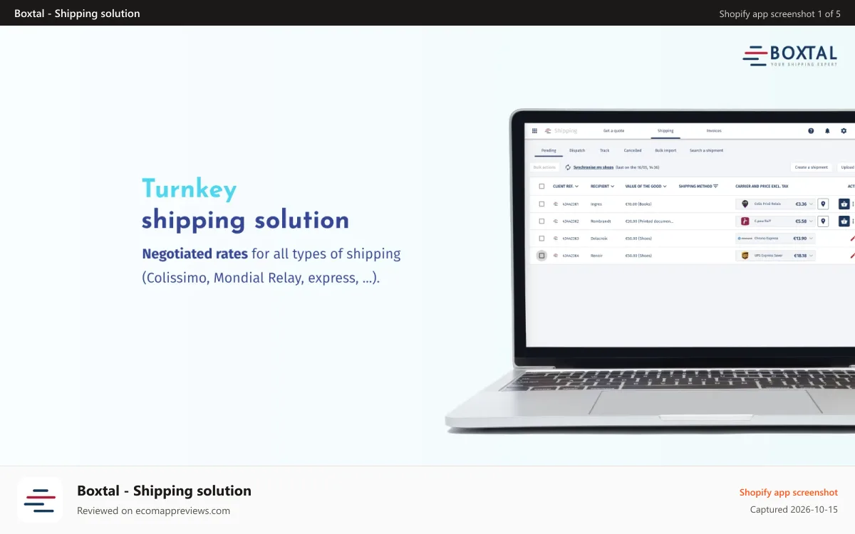 Boxtal ‑ Shipping solution Shopify app screenshot: The turnkey shipping solution