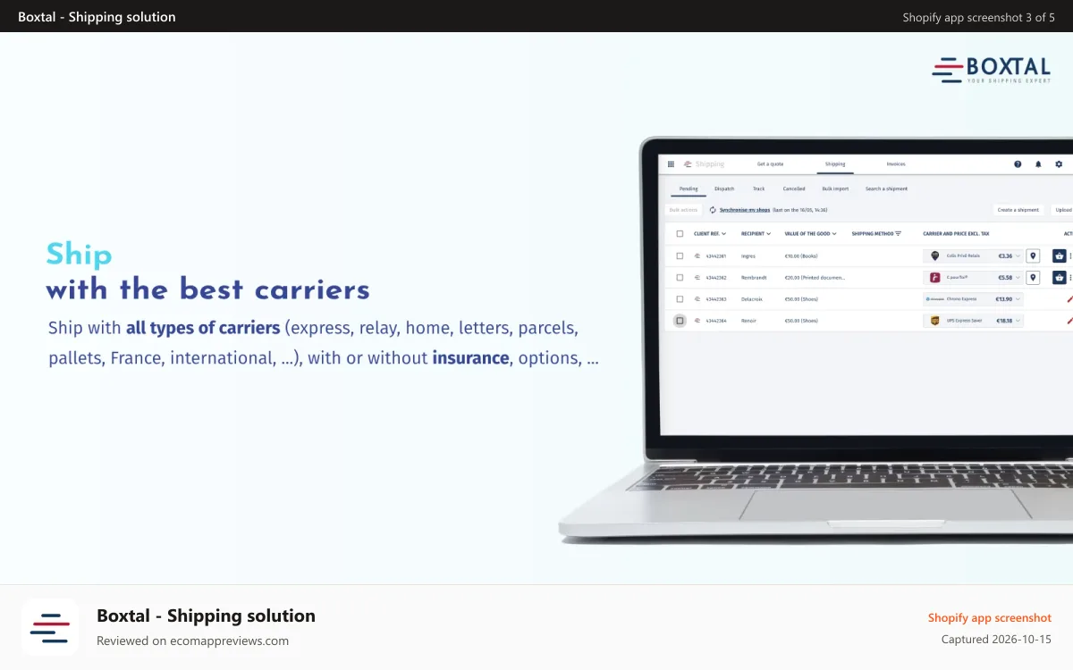 Boxtal ‑ Shipping solution Shopify app screenshot: Ship with the best carriers