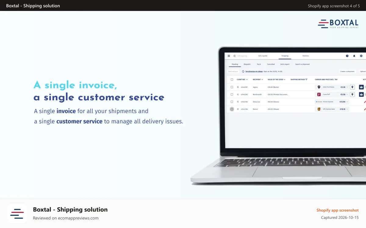 Boxtal ‑ Shipping solution Shopify app screenshot: A single invoice, a single customer service