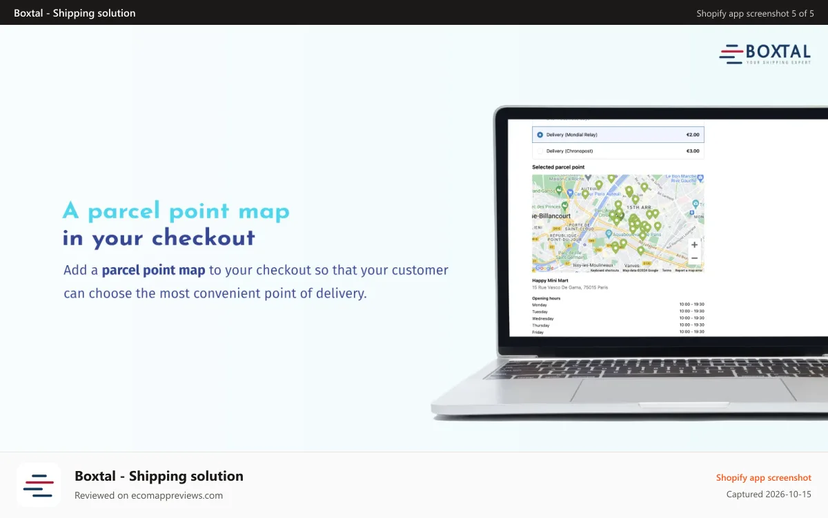 Boxtal ‑ Shipping solution Shopify app screenshot: A parcel point map in your checkout