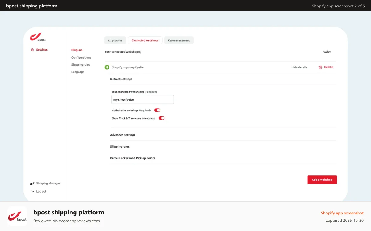 bpost shipping platform Shopify app screenshot: connect your shop to bpost