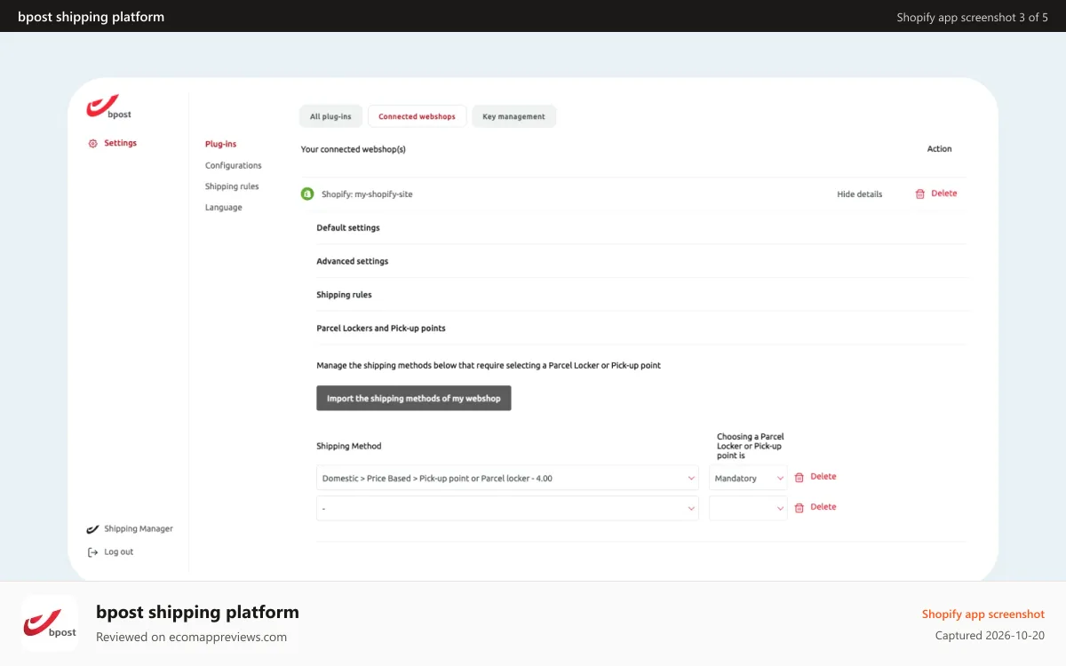 bpost shipping platform Shopify app screenshot: match you delivery options with bpost