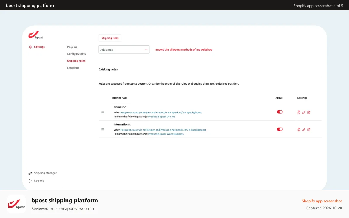 bpost shipping platform Shopify app screenshot: apply rules to manage shipments