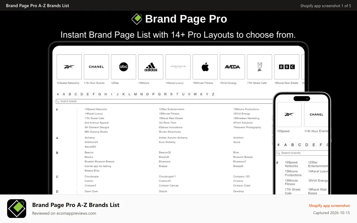 Brand Page Pro A‑Z Brands List Shopify app screenshot: Shopify Brand Page Builder