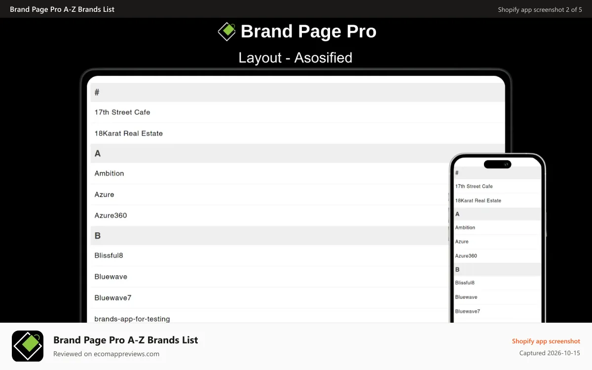 Brand Page Pro A‑Z Brands List Shopify app screenshot: Asosified Brand Page Shopify Pro Layout - Desktop and Mobile