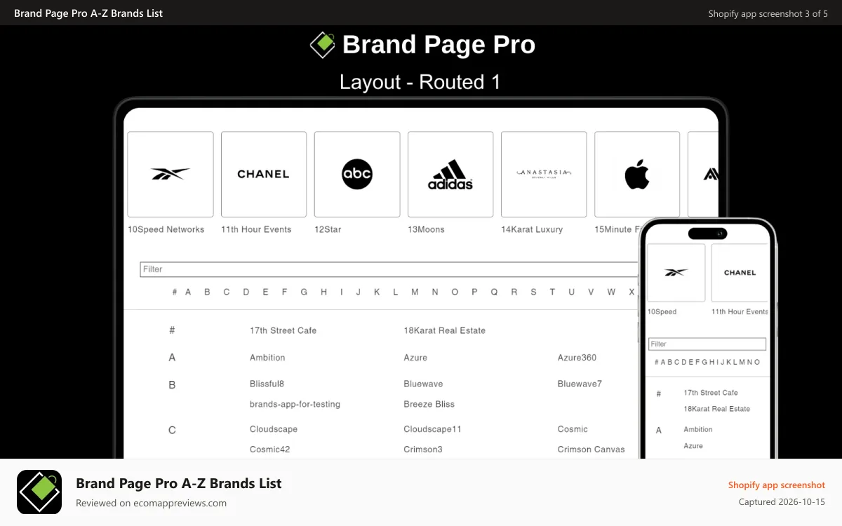 Brand Page Pro A‑Z Brands List Shopify app screenshot: Routed 1 Brand Page Shopify Pro Layout - Desktop and Mobile