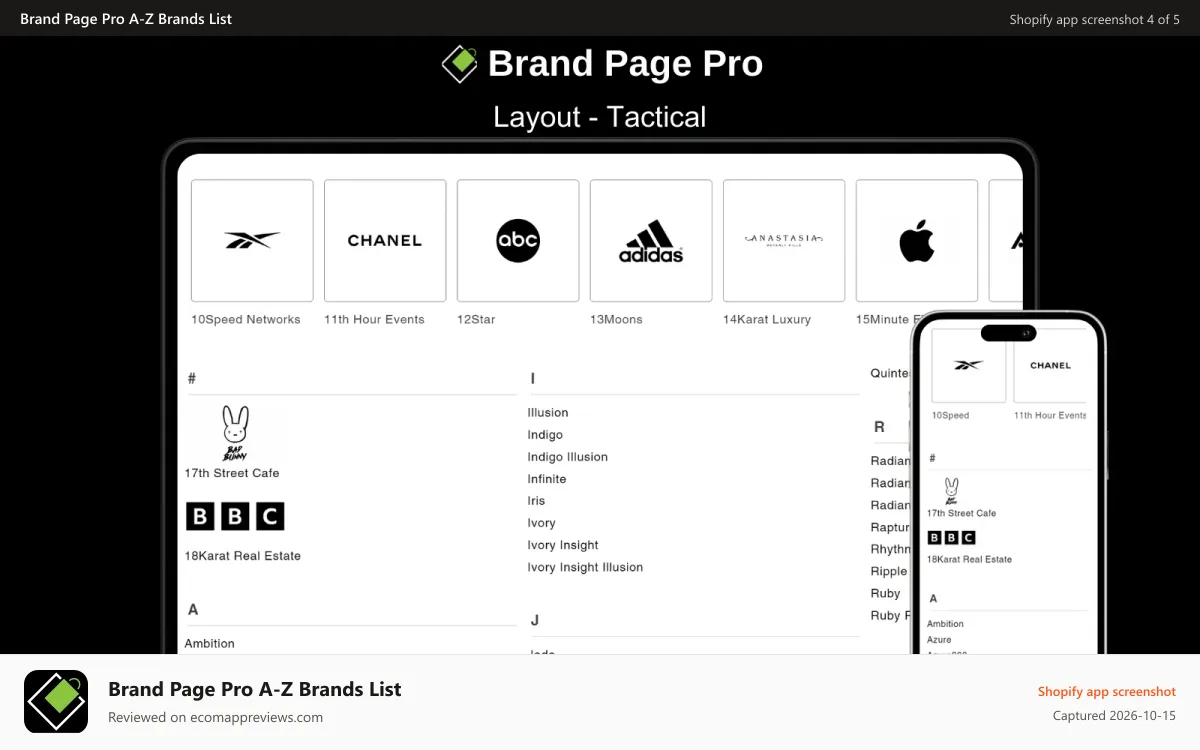 Brand Page Pro A‑Z Brands List Shopify app screenshot: Tactical Brand Page Shopify Pro Layout - Desktop and Mobile