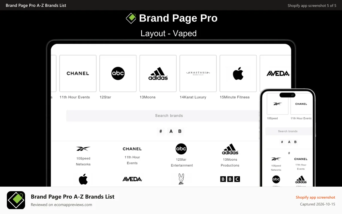 Brand Page Pro A‑Z Brands List Shopify app screenshot: Vaped Brand Page Shopify Pro Layout - Desktop & Mobile