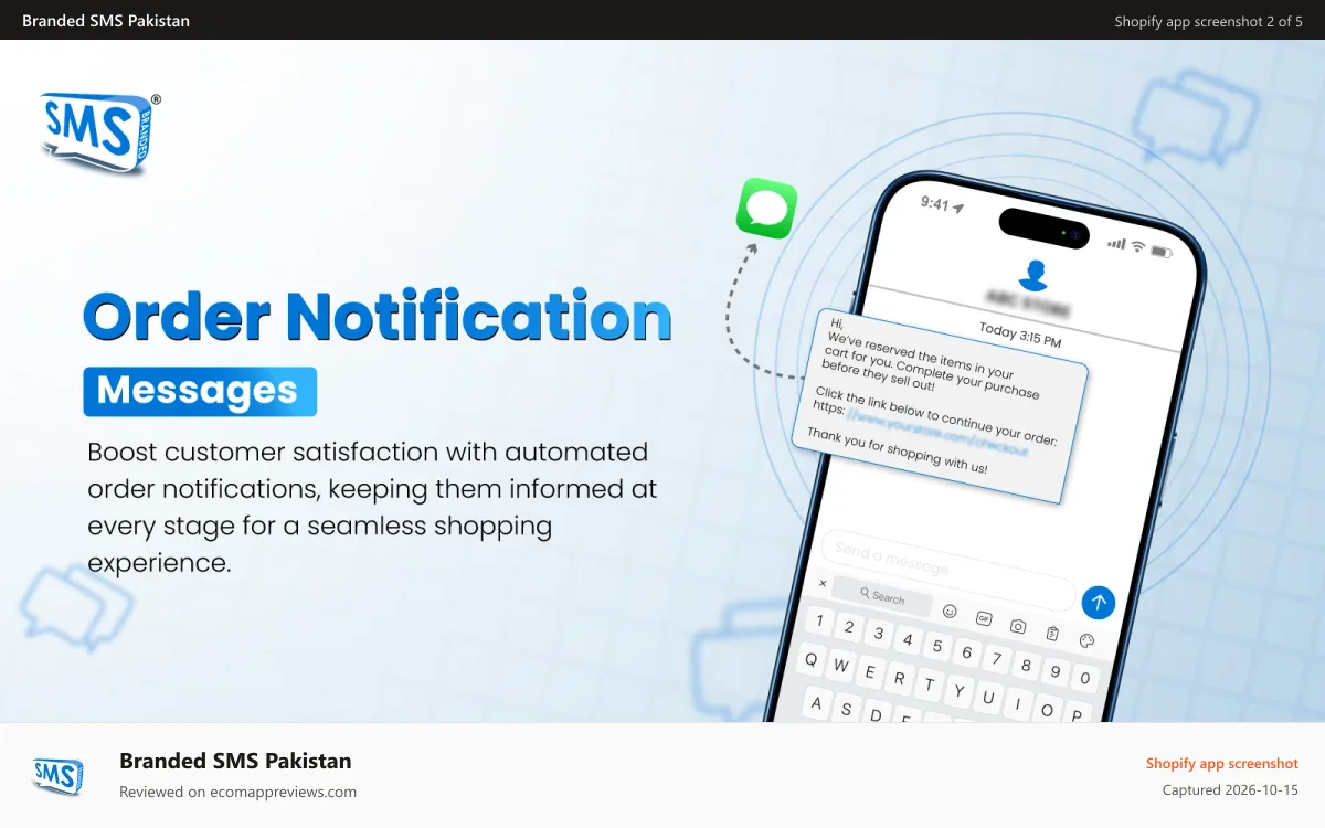 Branded SMS Pakistan Shopify app screenshot: Order Notifications - Branded SMS Pakistan