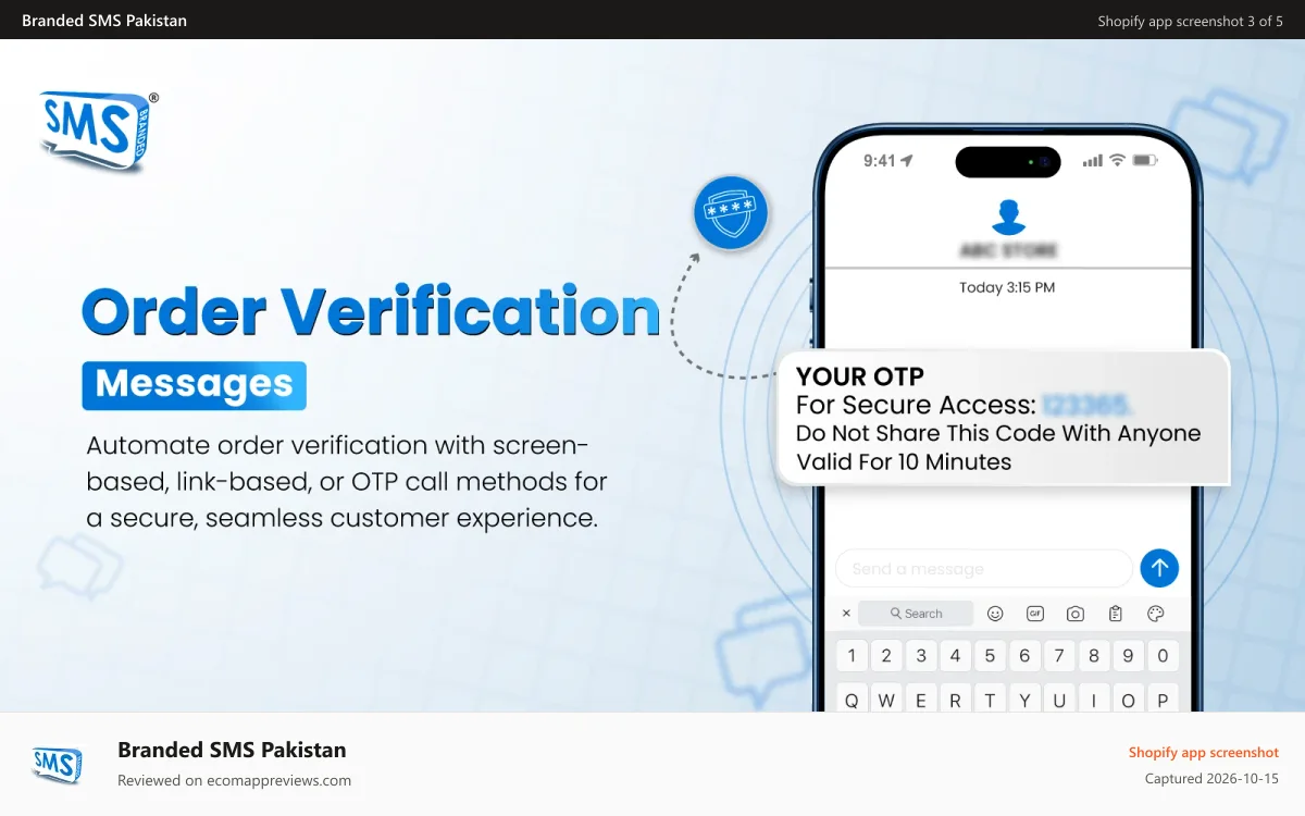 Branded SMS Pakistan Shopify app screenshot: Order Verification OTP - Branded SMS Pakistan