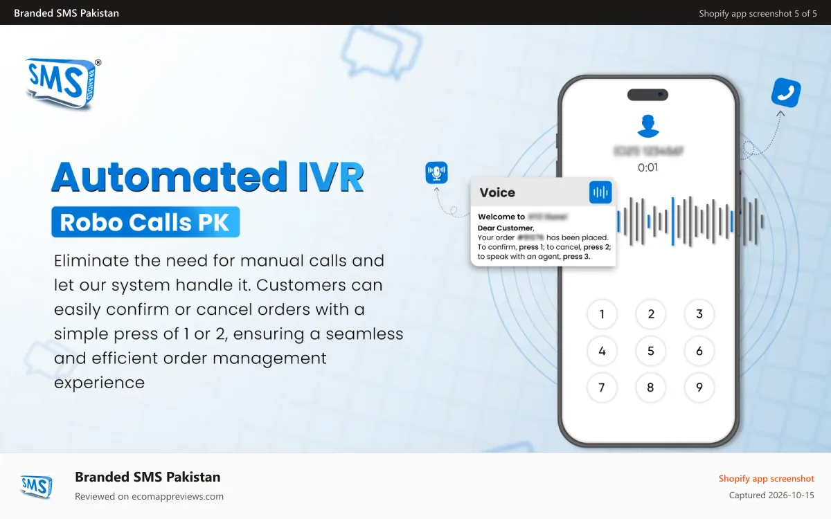 Branded SMS Pakistan Shopify app screenshot: Automated IVR Calls - Branded SMS Pakistan