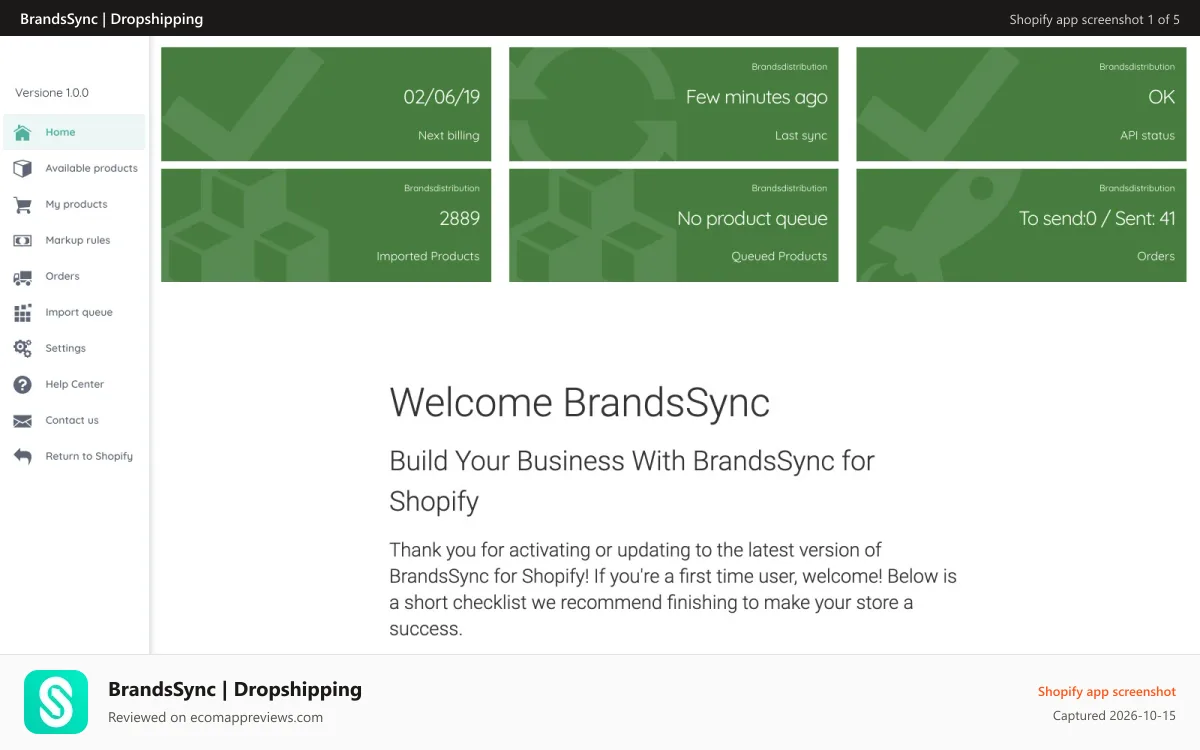BrandsSync | Dropshipping Shopify app screenshot: BrandsSync Dashboard