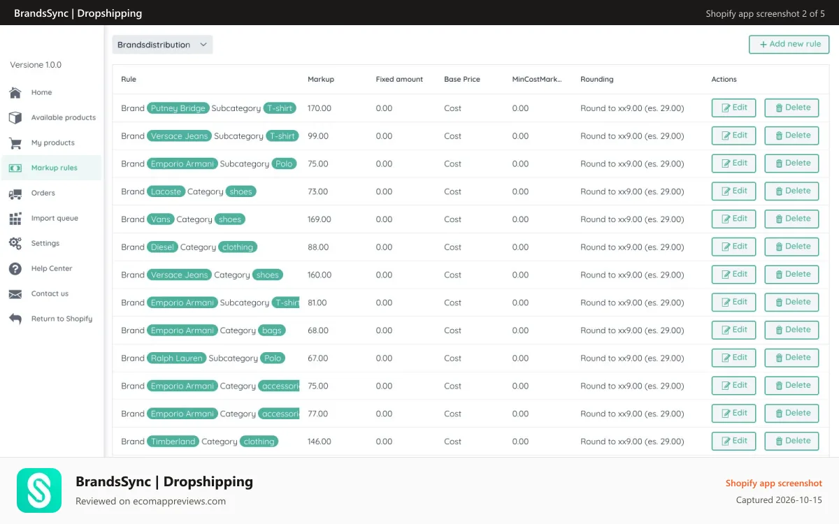 BrandsSync | Dropshipping Shopify app screenshot: Setting markup rules