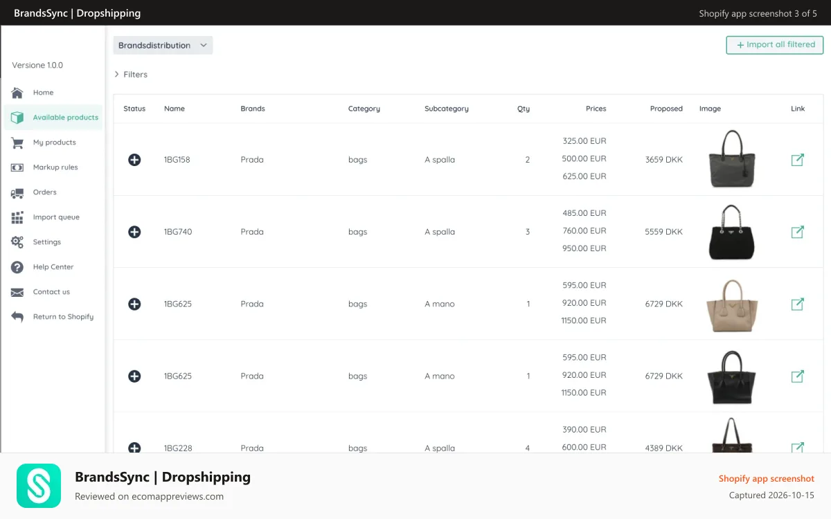 BrandsSync | Dropshipping Shopify app screenshot: Finding products
