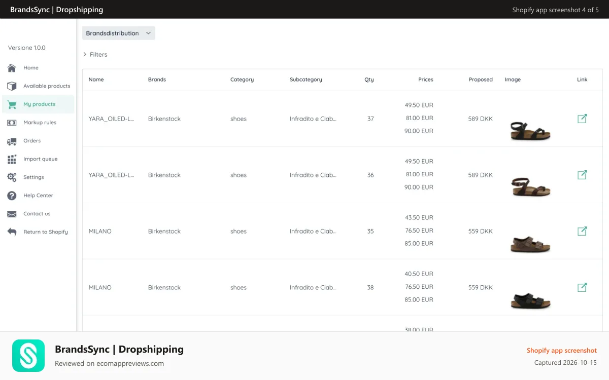 BrandsSync | Dropshipping Shopify app screenshot: Managing imported products