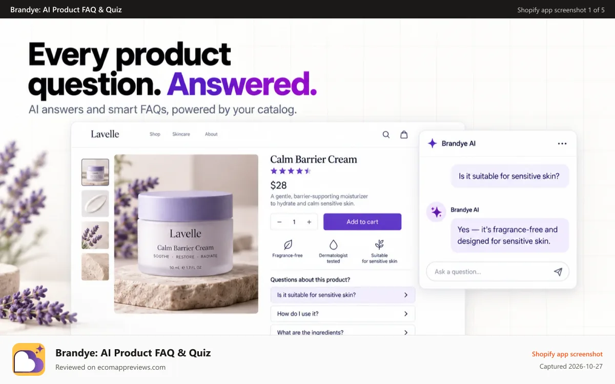 Brandye: AI Product FAQ & Quiz Shopify app screenshot: Brandye product questions answered on a product page