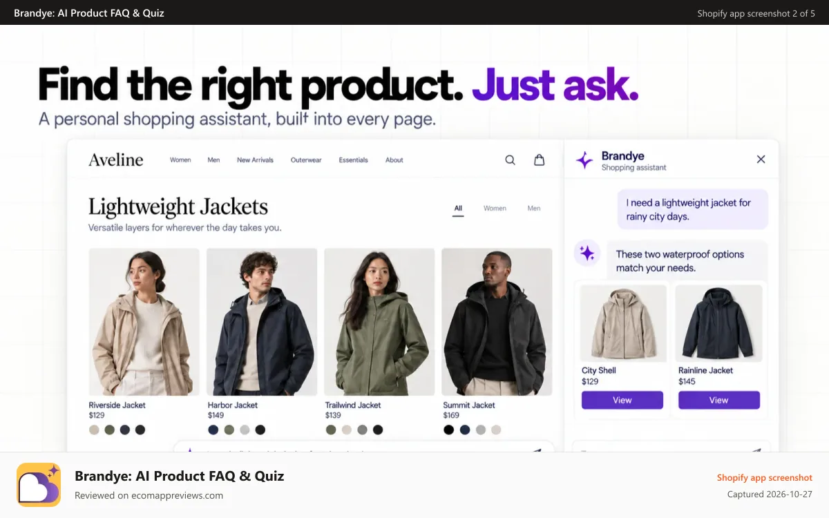 Brandye: AI Product FAQ & Quiz Shopify app screenshot: Brandye shopping assistant recommending product based on chatbot