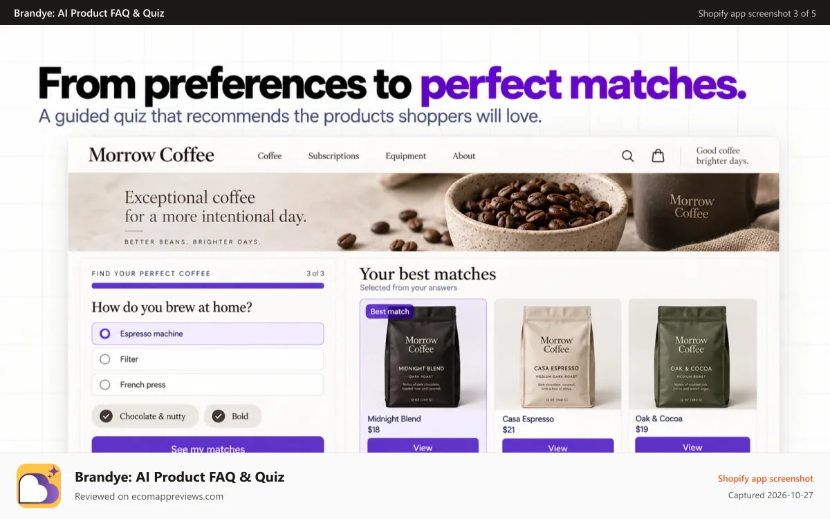 Brandye: AI Product FAQ & Quiz Shopify app screenshot: Brandye quiz matching shoppers with the product