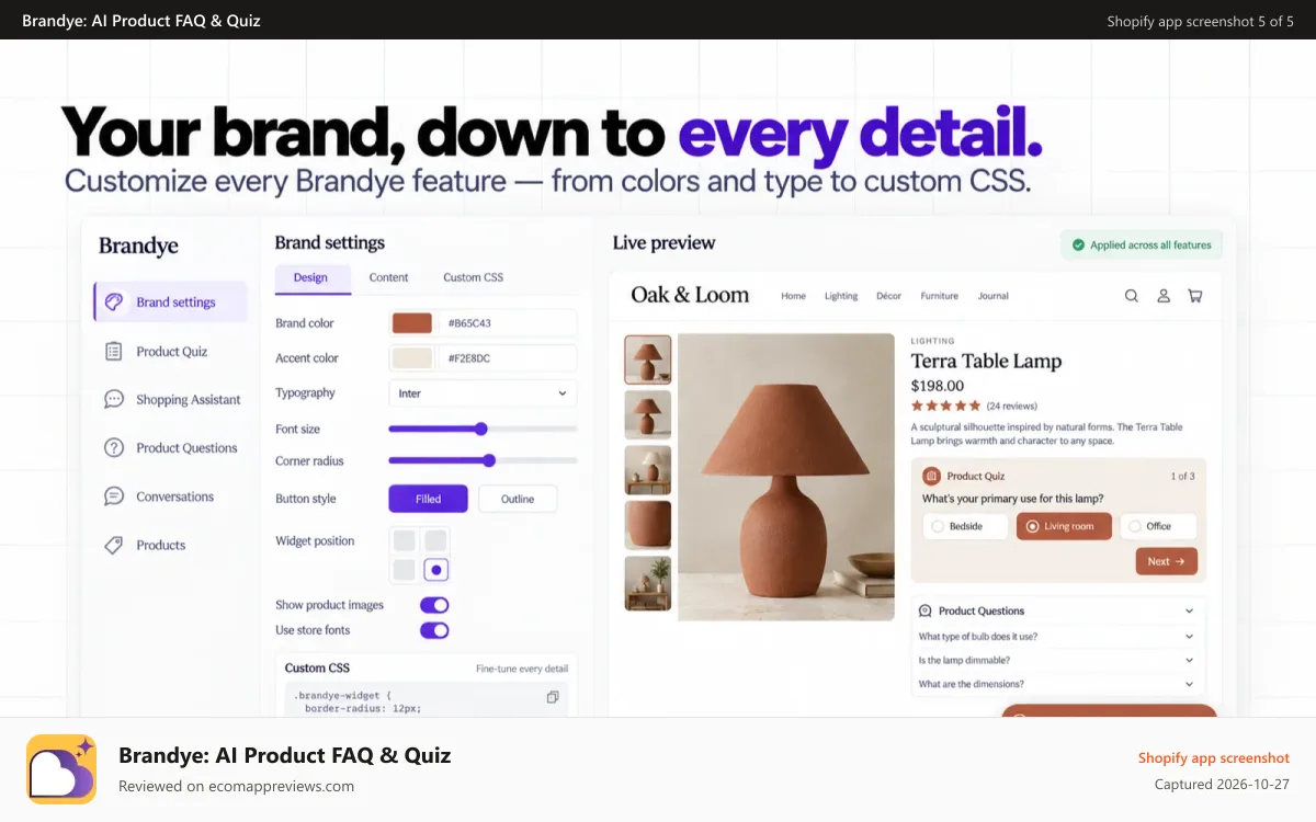 Brandye: AI Product FAQ & Quiz Shopify app screenshot: - Brandye design settings with a live branded preview