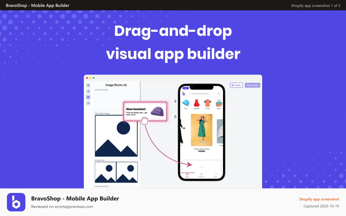 BravoShop ‑ Mobile App Builder Shopify app screenshot: Drag-and-drop visual app builder