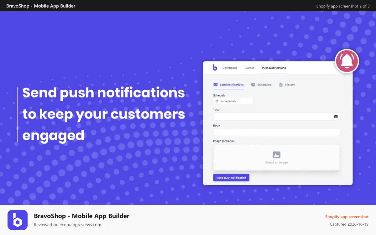 BravoShop ‑ Mobile App Builder Shopify app screenshot: Send push notifications to keep your customers engaged