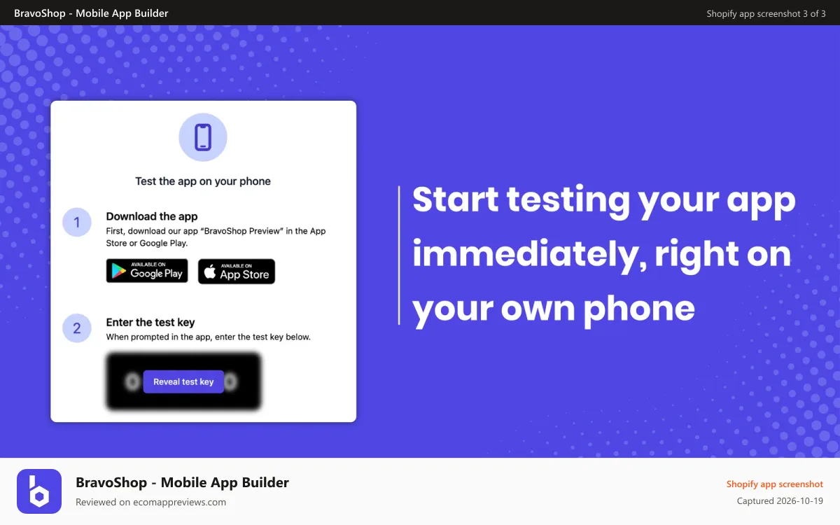 BravoShop ‑ Mobile App Builder Shopify app screenshot: Start testing your app immediately, right on your own phone