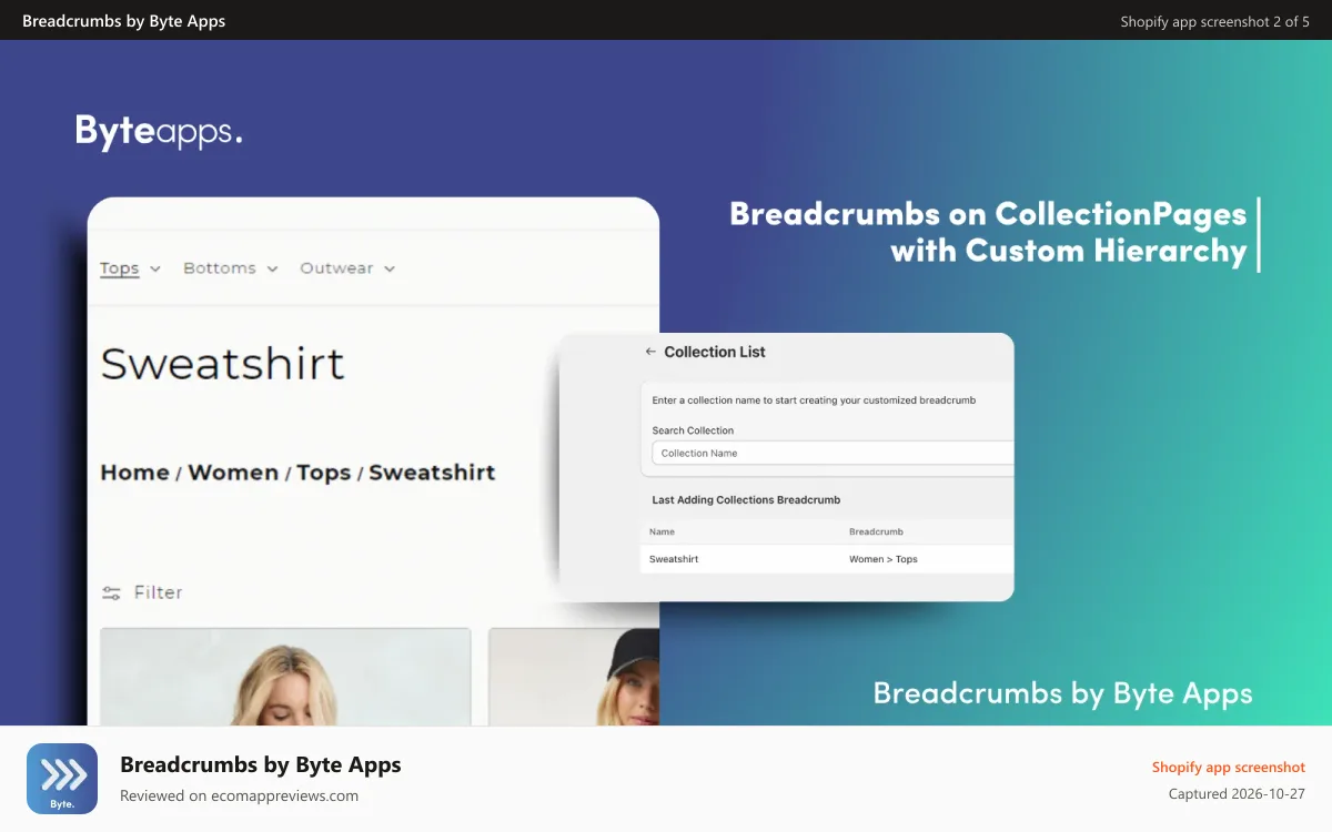 Breadcrumbs by Byte Apps Shopify app screenshot: Collection page breadcrumbs