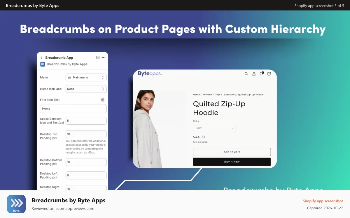 Breadcrumbs by Byte Apps Shopify app screenshot: Product page breadcrumbs