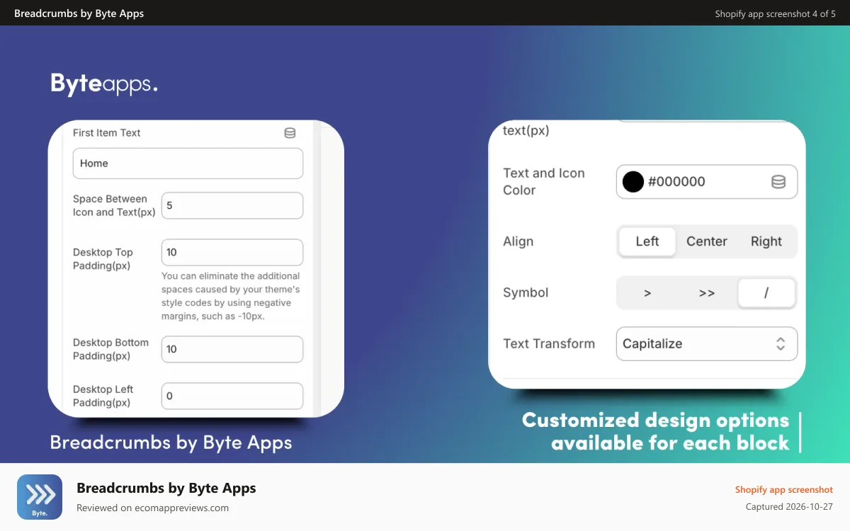 Breadcrumbs by Byte Apps Shopify app screenshot: Customized breadcrumbs