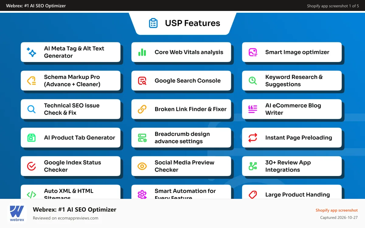 Webrex: #1 AI SEO Optimizer Shopify app screenshot: Webrex: complete AI SEO platform for Shopify stores