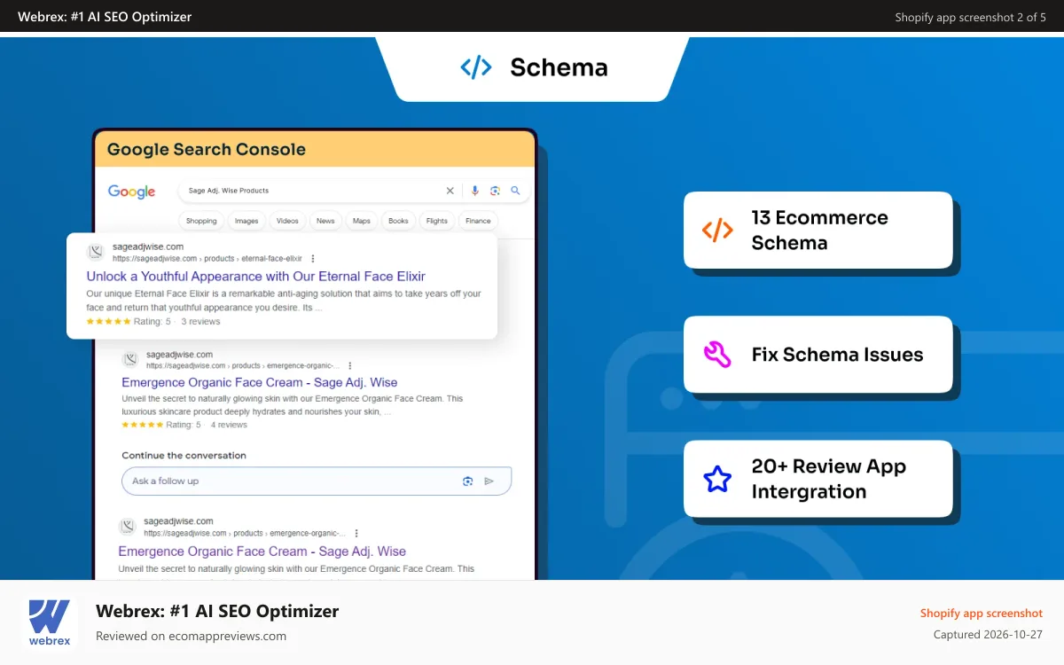 Webrex: #1 AI SEO Optimizer Shopify app screenshot: JSON-LD schema markup generator for Shopify