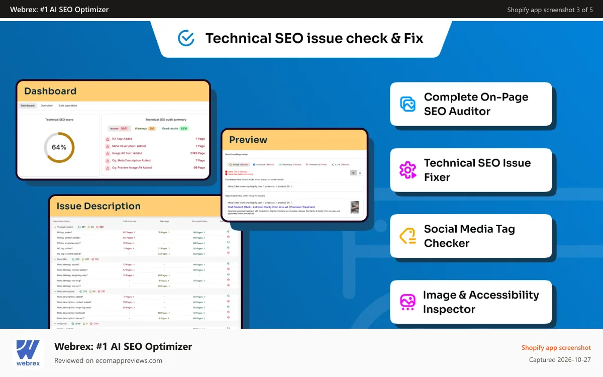 Webrex: #1 AI SEO Optimizer Shopify app screenshot: SEO audit with 50+ technical checks