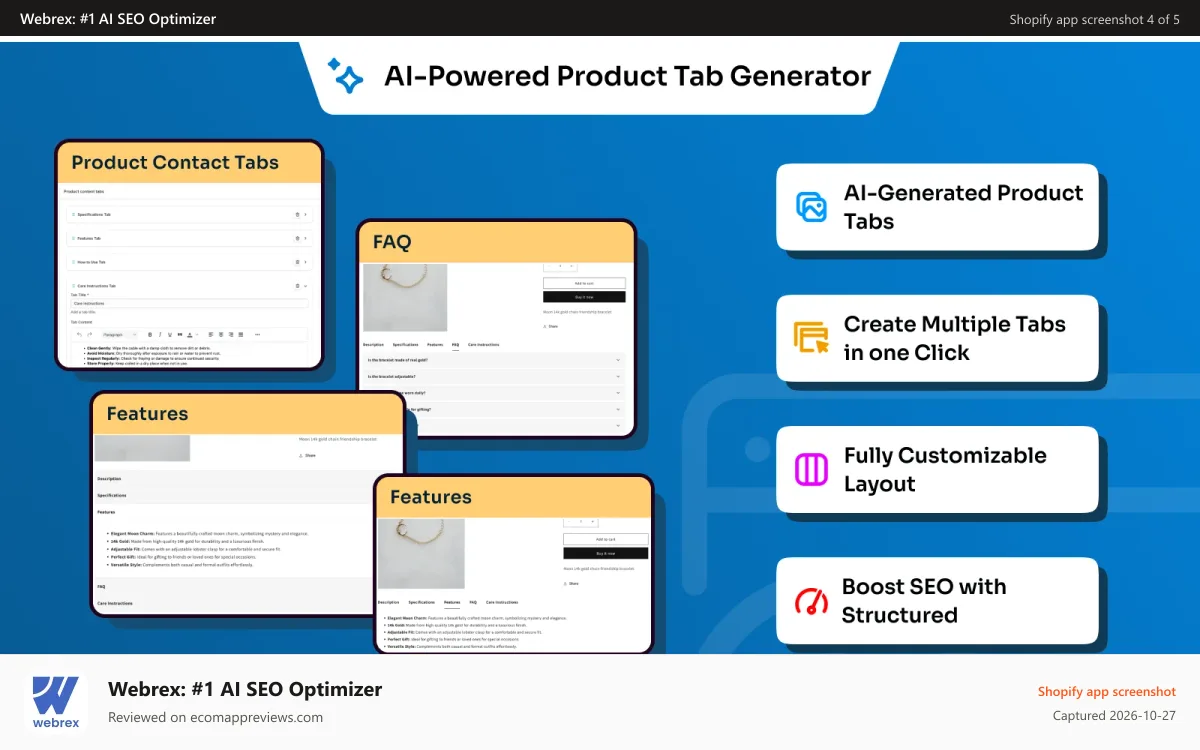 Webrex: #1 AI SEO Optimizer Shopify app screenshot: AI-powered product tab generator