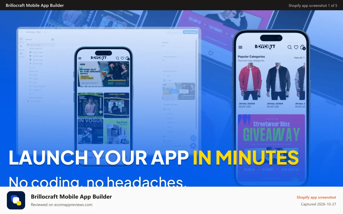 Brillocraft Mobile App Builder Shopify app screenshot: Launch your Shopify mobile app in minutes with Brillocraft