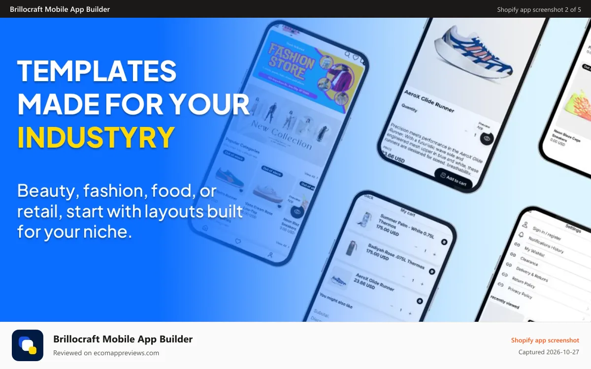 Brillocraft Mobile App Builder Shopify app screenshot: Industry-specific mobile app templates for Shopify stores