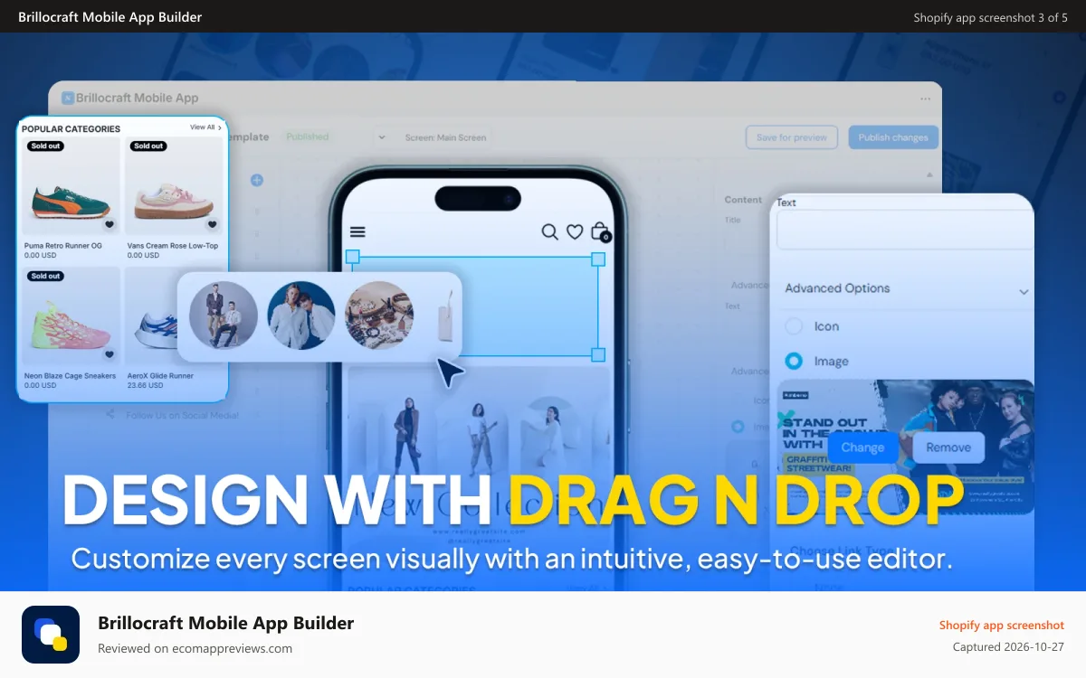 Brillocraft Mobile App Builder Shopify app screenshot: Drag and drop editor to design your Shopify mobile app