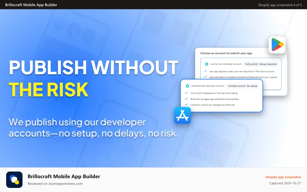 Brillocraft Mobile App Builder Shopify app screenshot: Publish your Shopify mobile app without risk using Brillocraft