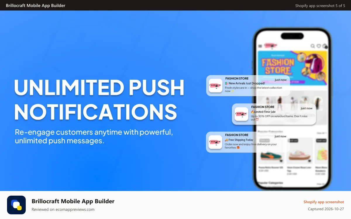 Brillocraft Mobile App Builder Shopify app screenshot: Unlimited push notifications for Shopify mobile apps
