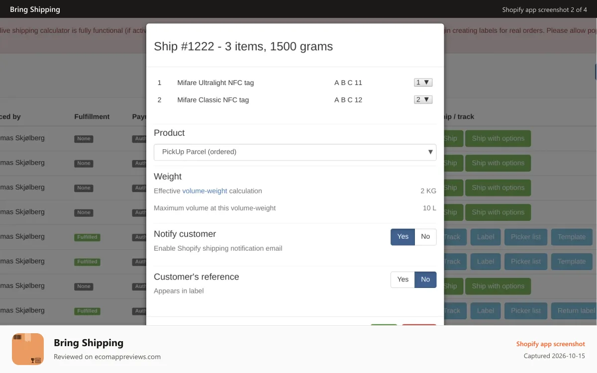Bring Shipping Shopify app screenshot: Generate label and fulfill order