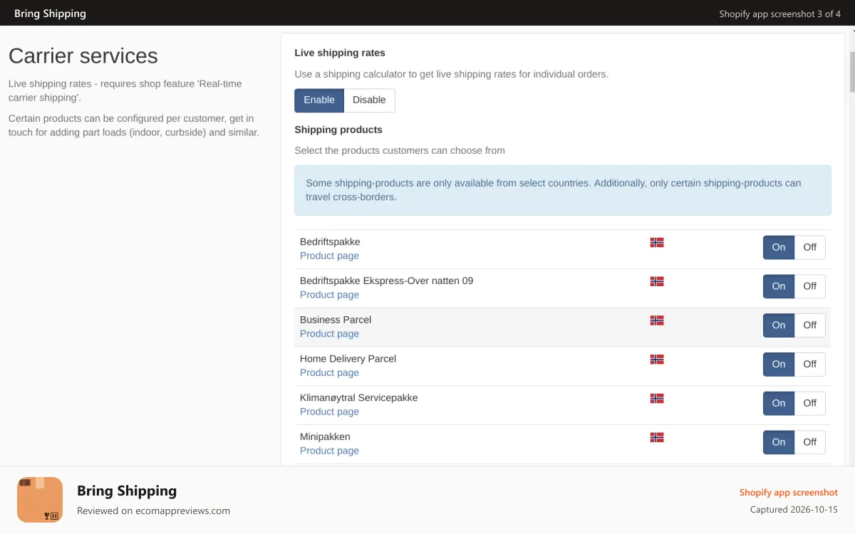 Bring Shipping Shopify app screenshot: Shipping calculator settings